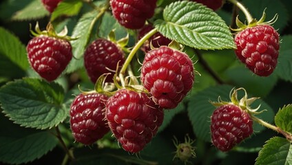 Close-up of a raspberry bush with berries