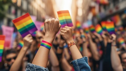 Pride celebration rally urban street hands raised festival atmosphere crowd viewpoint unity concept