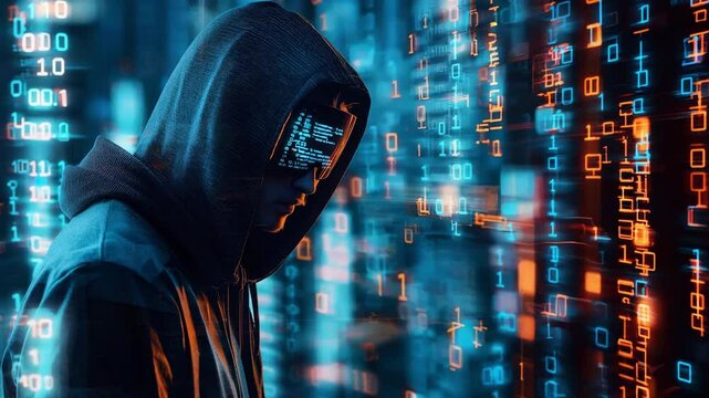 A mysterious hacker wearing a hoodie stands in a vibrant digital environment illuminated by blue and orange binary code, creating a futuristic feel