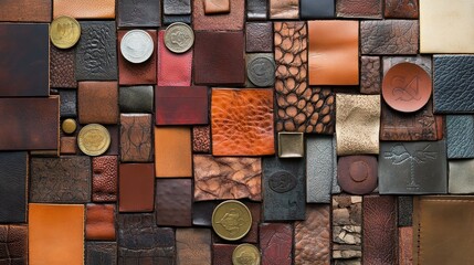 An array of leather swatches and coins compose the arrangement