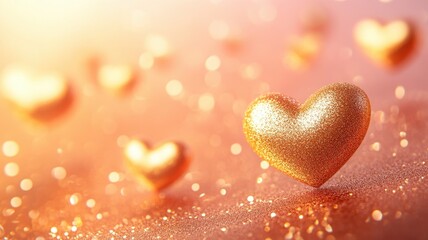 Obraz premium Soft glowing golden hearts with glittery accents romantic setting digital artwork warm environment close-up view