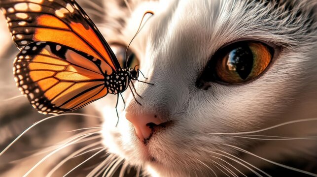 Butterfly interacts with curious cat in a sunlit indoor setting showcasing a moment of nature's beauty. Generative AI