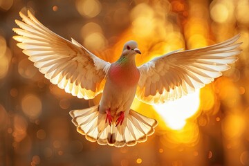 Obraz premium A majestic dove in flight, wings spread wide against a warm, golden sunset bokeh.