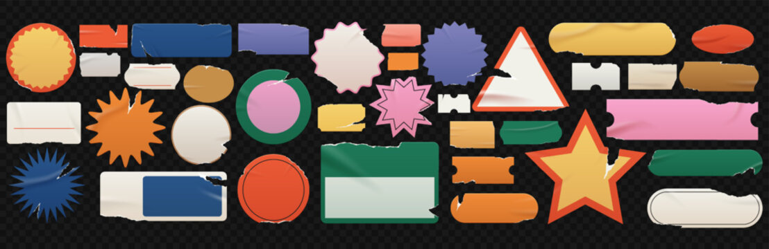 Wrinkled and distressed blank vintage old labels, stickers, starburst or sunburst badges, price tags.Retro collage various clipping promotional elements with a paper edge ripped in a grunge style.