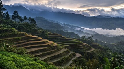 Serene morning view of terraced rice fields in the mountains with misty valleys and dramatic clouds