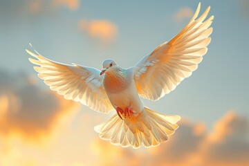 A majestic white dove in flight against a vibrant sunset sky, wings spread wide.