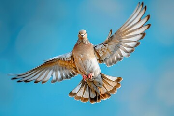 Obraz premium A graceful dove in flight, wings spread wide against a vibrant blue sky.