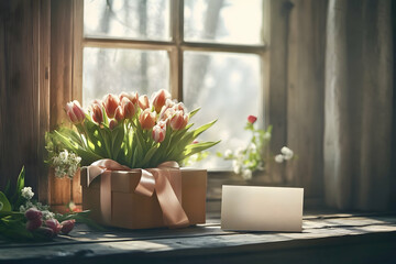 Gift box with pink tulips and a greeting card placed on a wooden table by the window. Warm sunlight coming through the window creates a peaceful atmosphere. Concept of mother's day, mockup.