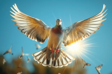 Obraz premium A majestic pigeon in flight, wings spread wide against a bright blue sky, bathed in sunlight.