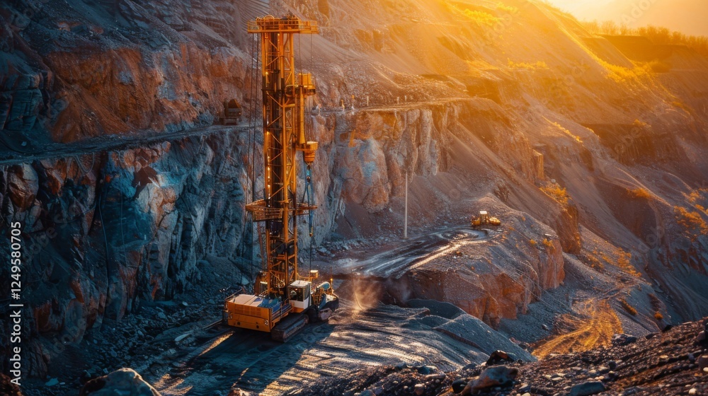 Poster a large drilling machine works vigorously in a quarry at sunset, breaking through rocky terrain whil
