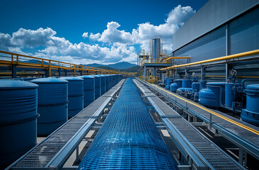 Industrial chemical processing plant with large blue storage tanks pipelines and metal walkways under blue sky