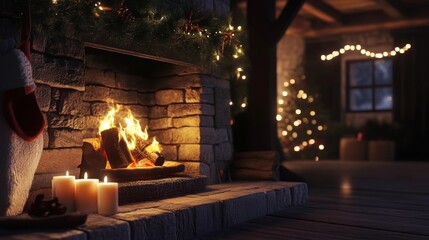 Warm fireplace with flickering flames and holiday decorations in a cozy cabin setting during winter evenings