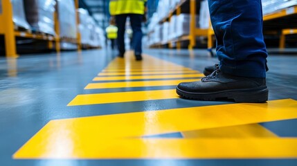 Obraz premium Workers in safety gear walking in a warehouse with marked pathways during daylight hours