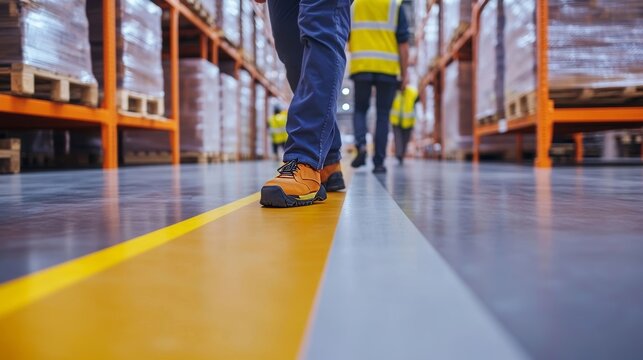 Workers walking on a warehouse floor while maintaining safety protocols during busy hours