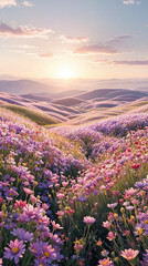 Fototapeta premium Endless rolling meadows stretch toward the horizon, painted with wildflowers in shades of lavender, pink, and gold. peaceful, dreamy and poetic, deeply immersive.