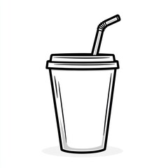 Simple outline illustration of a disposable drink cup with straw.  Possible use coloring book, educational materials, and background for food or drink related designs