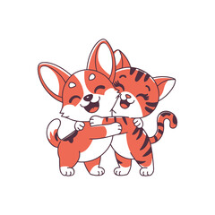 Cute Dog and Cat Hugging Cartoon Illustration.