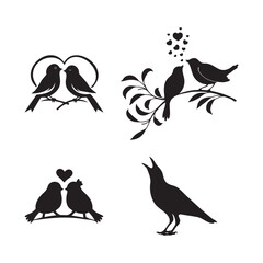 Romantic Birds Silhouette Set, Love and Nature Illustration.