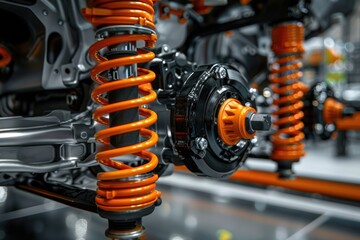Close-up of a vehicle's suspension system showcasing orange coil springs and intricate metal components.