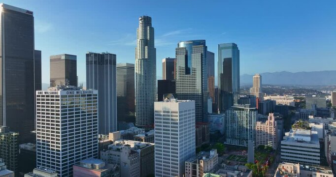 Los Angeles skyline with towering skyscrapers. Panoramic view of Los Angeles. Los Angeles with skyscrapers. American city of Los Angeles. LA from above.