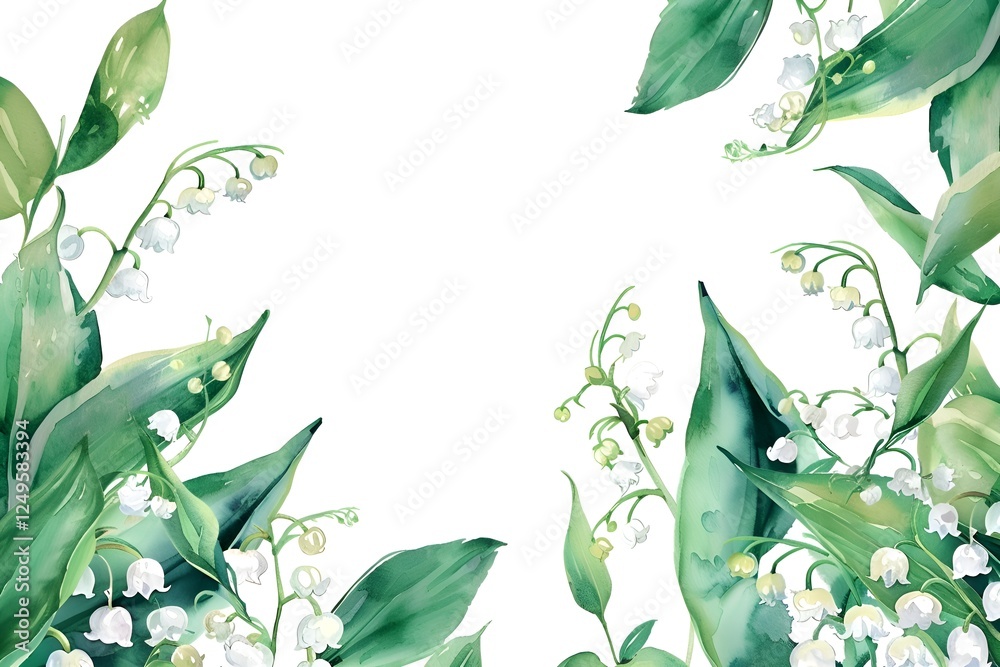 Poster on the right is a botanical watercolor illustration with lilies of the valley with white flowers and