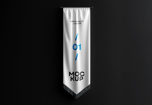 Vertical Hanging Banner, Flag Mockup with Black Background &ndash; High-Quality PSD Template for Outdoor Advertising and Branding