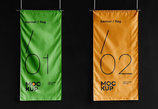 Vertical Hanging Banner, Flag Mockup with Black Background &ndash; High-Quality PSD Template for Outdoor Advertising and Branding