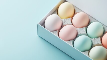 Fototapeta premium Pastel-colored egg box on light blue background with space