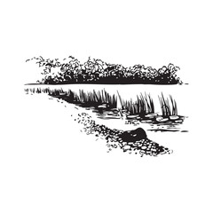 Black and White Landscape Illustration of a Lake Shore.