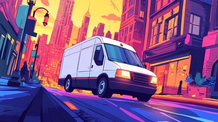A white van is driving down a city street. The van is the main focus of the image, and it is moving quickly