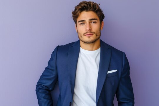 A young man with styled brown hair poses confidently in a navy blue blazer and white t-shirt against a purple background. - Powered by Adobe