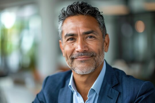 Confident middle-aged man in a blue blazer smiles gently at the camera.