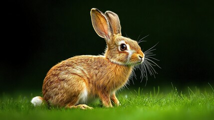 Fototapeta premium A rabbit sitting on green grass against a dark background