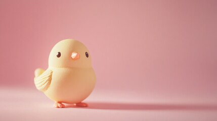 Fototapeta premium A tiny ceramic Easter chick figurine, isolated on a soft pink background with gentle lighting