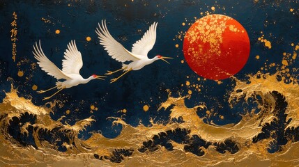 Two cranes fly over golden waves, red sun backdrop; Asian art print