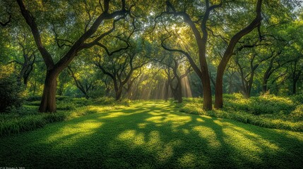 Fototapeta premium Sunbeams through park trees, green lawn, morning