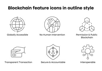 Obraz premium Blockchain feature icons in outline style. Highlights global usage, permissionless access, secure networks, and transparent operations.