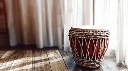 Handcrafted drum resting on wooden floor with natural light streaming through sheer curtains in a cozy room