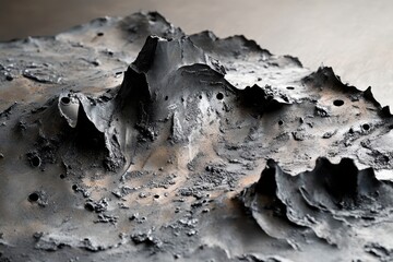 Dark mountainous terrain features jagged peaks and scattered cratering