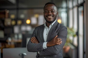 Fototapeta premium Confident African American businessman in a modern office, arms crossed, smiling.