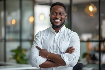 Obraz premium Confident Black businessman in a white shirt, arms crossed, smiling warmly in a modern office.