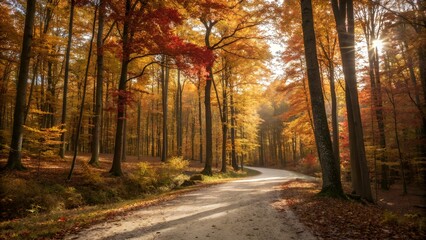 Obraz premium Dirt path through a forest with tall trees illuminated by rays of sunlight