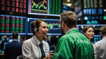 financial stock exchange, green charts, stock market growth, stock exchange employees rejoice.