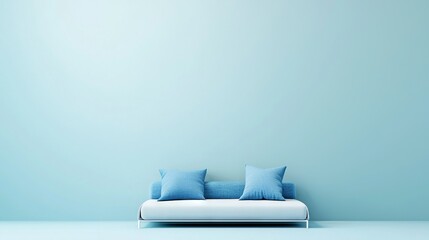   Blue and white couch in front of blue wall with two blue pillows