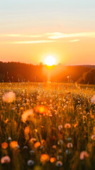 Golden Hour Serenity: A Captivating Display of Vast Field Kissed by Fiery Sunset