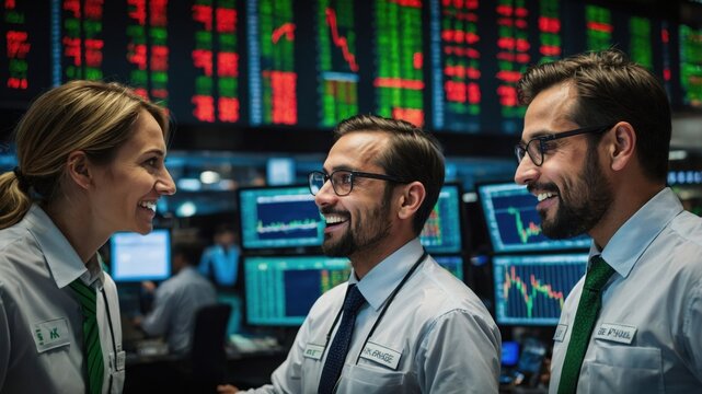 financial stock exchange, green charts, stock market growth, stock exchange employees rejoice. - Powered by Adobe