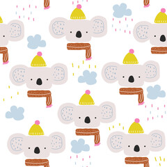 Funny cartoon koala and clouds seamless pattern. Childish simple print. Vector hand drawn illustration.