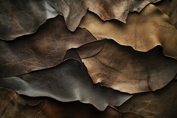 Pieces of textured and aged leather are overlapped and arranged