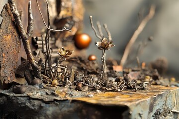 Miniature post apocalyptic landscape featuring rusted metal and floral elements