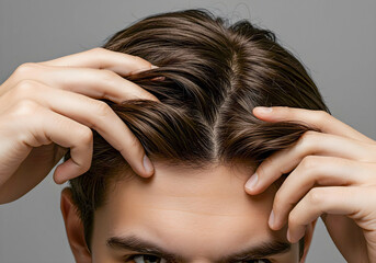 Close-Up of a Man Checking His Scalp for Hair Loss, Dandruff, or Scalp Issues – Hair Care Concept